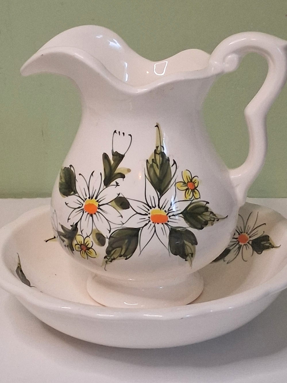 Vintage Ceramic Wash Basin Pitcher Set Hand Painted Daisy Floral Pattern White